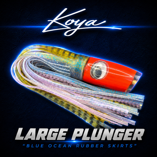 Koya large Plunger game fishing lure, Skirted in Mrs Palmer blue ocean skirts, Warren Hay Marine, Whangarei 