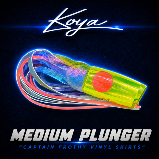 Koya medium plunger game fishing lure, Skirted in captain frothy vinyl skirts, Warren Hay Marine, whangarei 