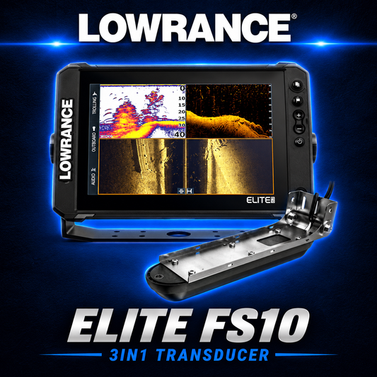 Lowrance Elite FS10 fish finder and chartplotter with Active Imaging 3-in-1 transducer.