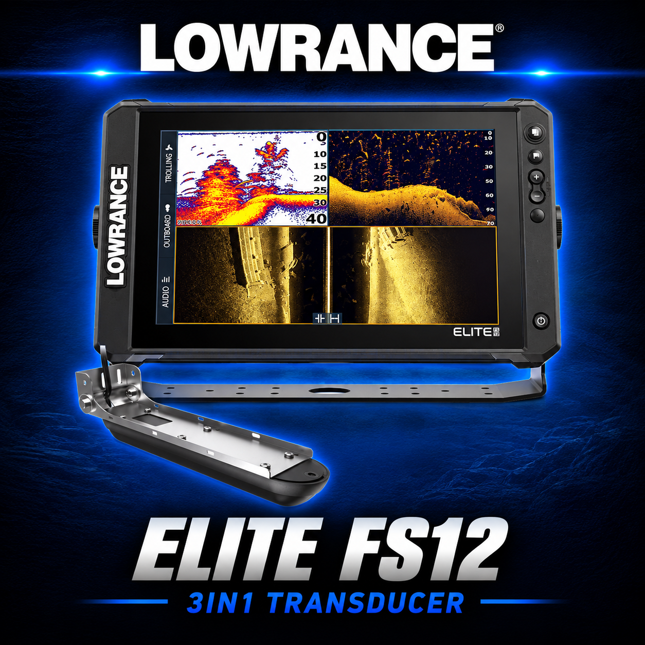 Lowrance Elite FS12 fish finder and chartplotter with Active Imaging 3-in-1 transducer.