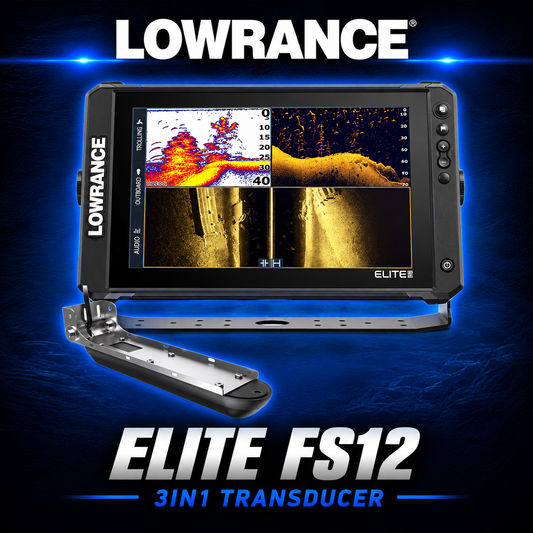 Lowrance Elite FS12 fish finder and chartplotter with Active Imaging 3-in-1 transducer.