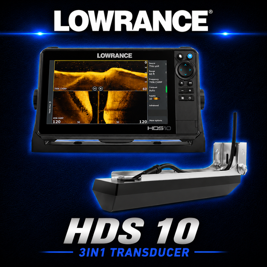 Lowrance HDS 10 fish finder and chartplotter with 3-in-1 transducer for advanced marine sonar and fish finding.