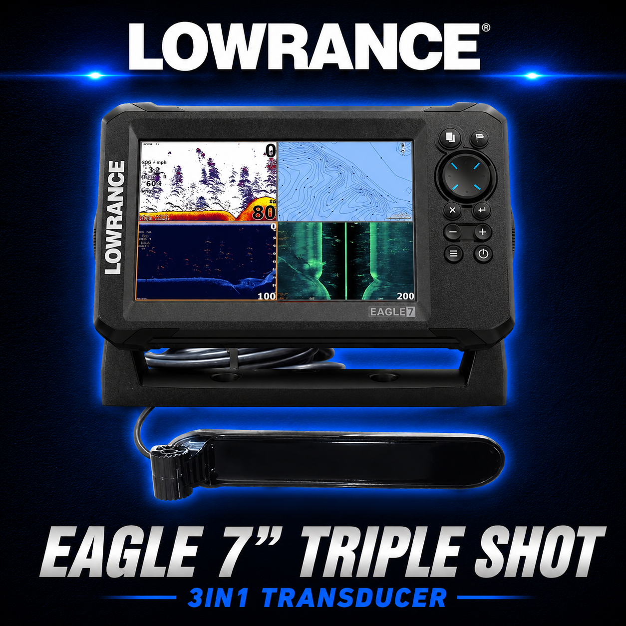 Lowrance Eagle 7 TripleShot HD fish finder and GPS combo with TripleShot 3-in-1 transducer.