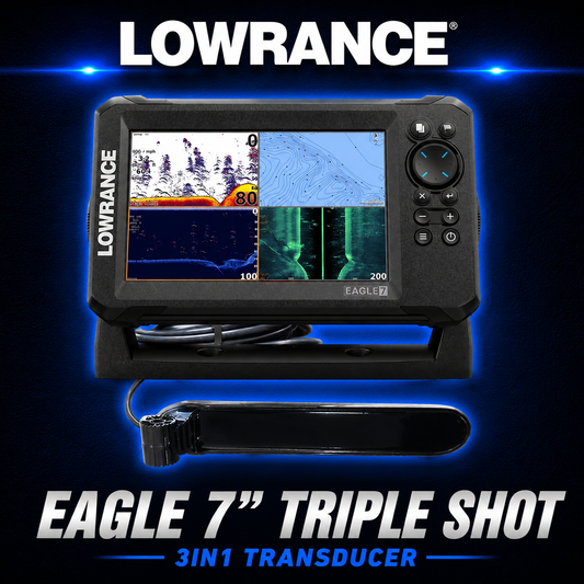 Lowrance Eagle 7 TripleShot HD fish finder and GPS combo with TripleShot 3-in-1 transducer.