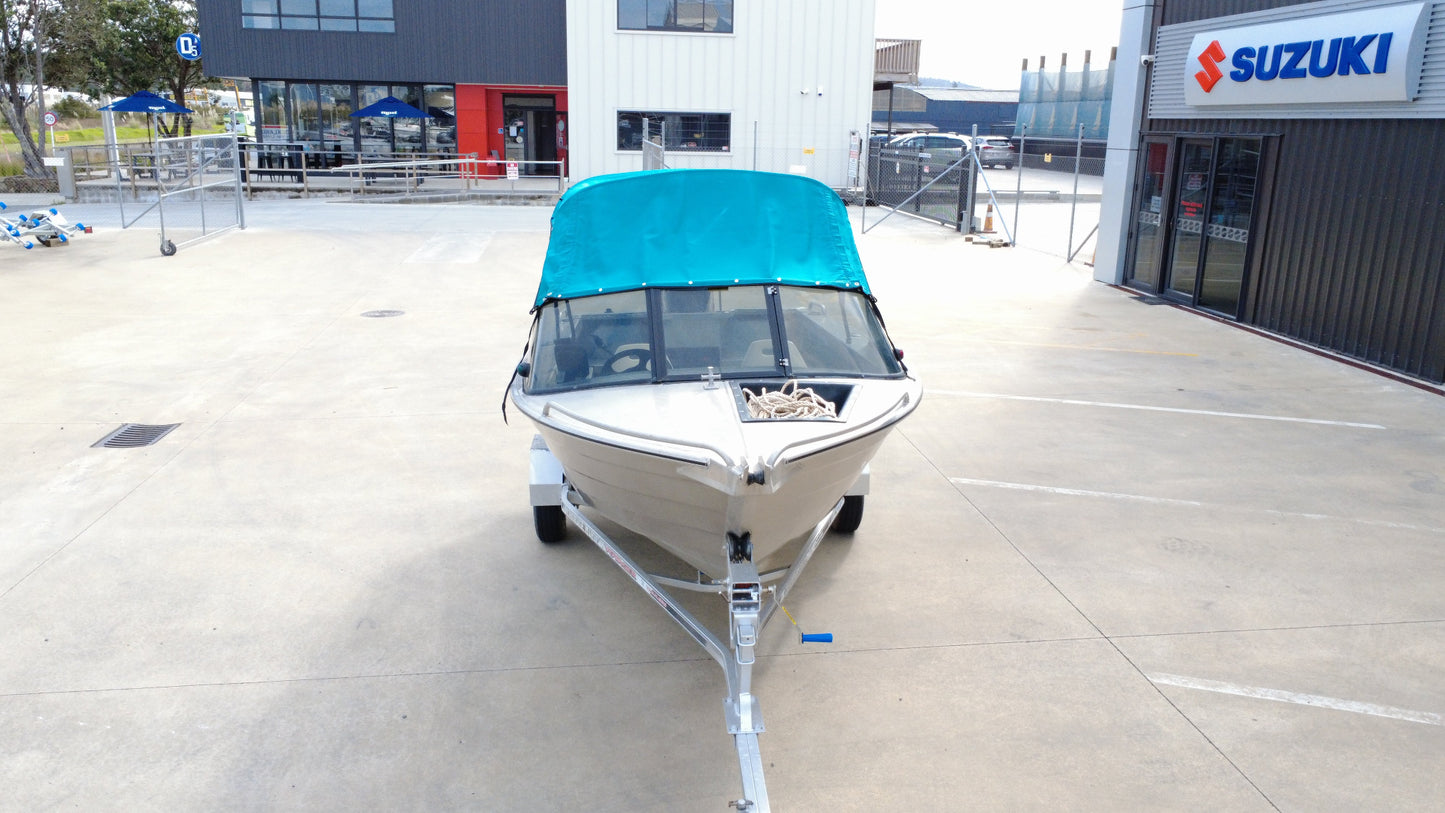 Front view of used Marco 480 Blazer with Mercury 50hp outboard. 
