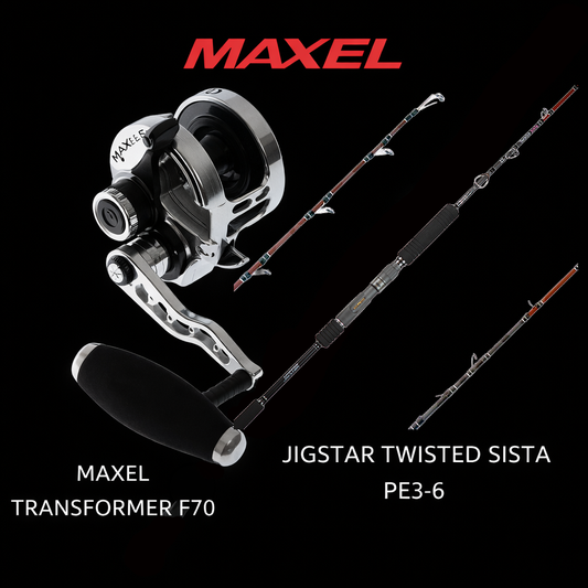 Maxel Transformer F70 overhead jigging reel paired with Jigstar Twisted Sista PE3-6 slow pitch jigging rod on black background