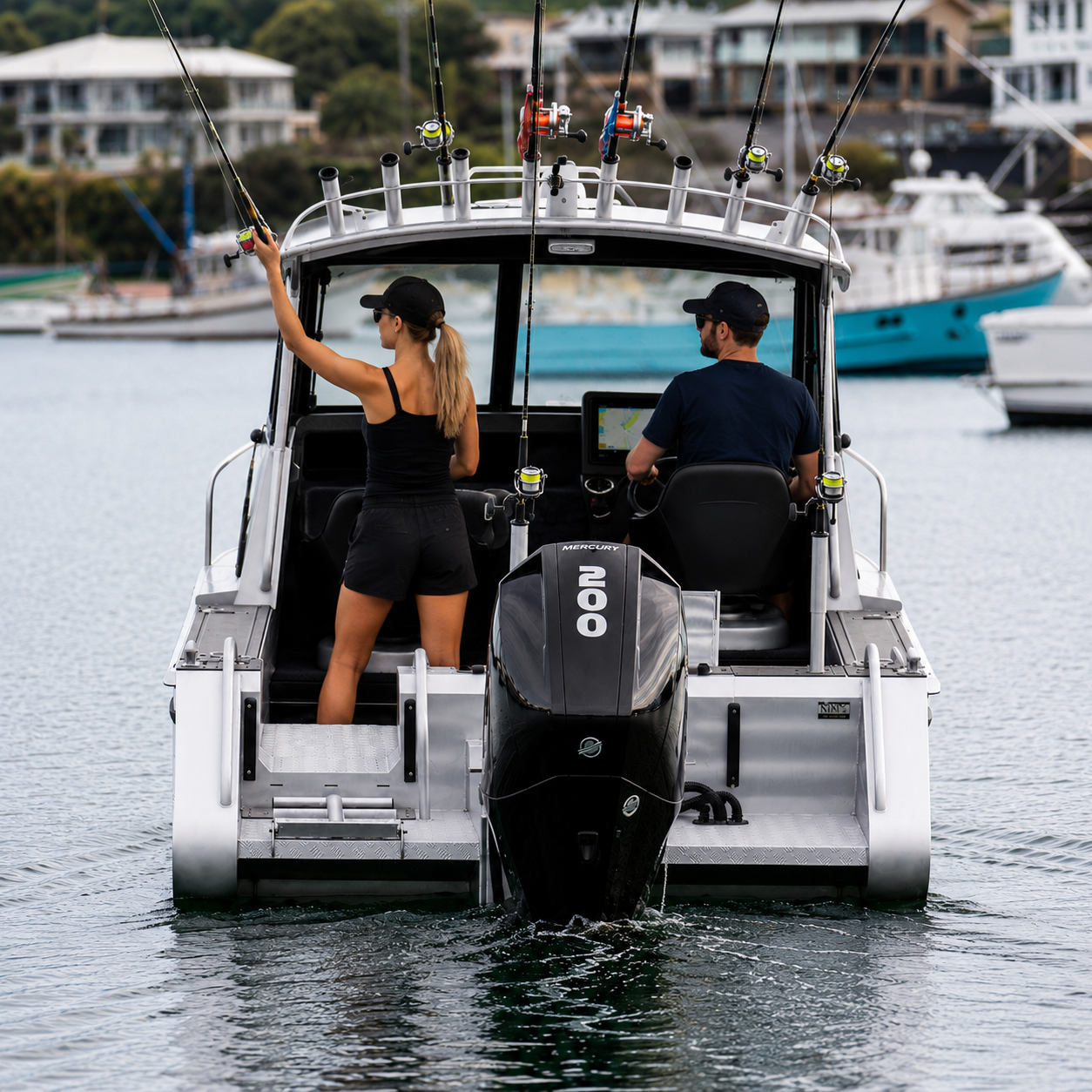 Mclay 611 CrossXover idling in marina, Warren Hay Marine, Whangarei 