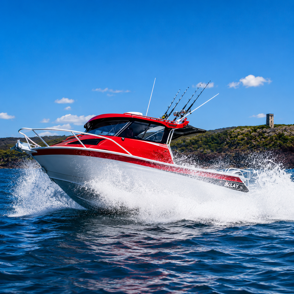McLay 701 Gen 2 Hardtop aluminium fishing boat underway on open water with enclosed hardtop cabin and twin outboard configuration.