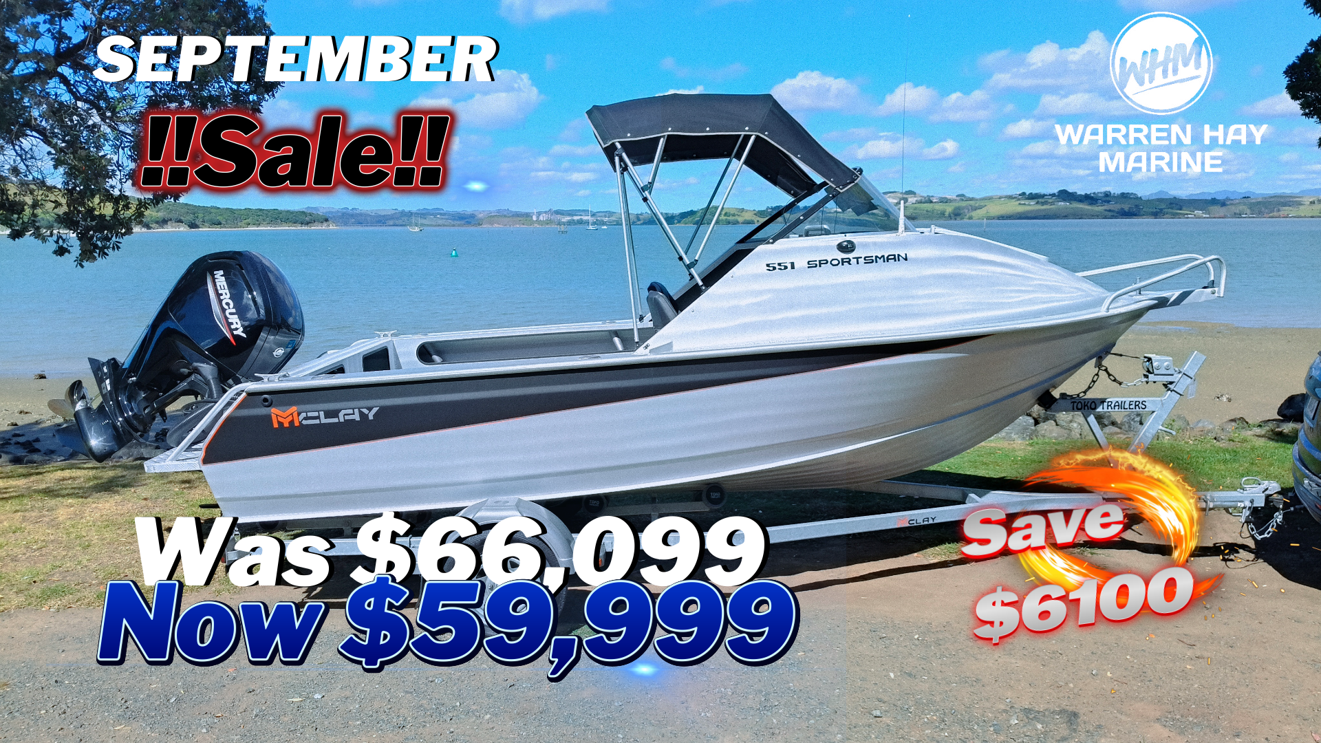 Mclay 551 Sportsman with mercury 90hp 4 stroke outboard, september sale save $6100