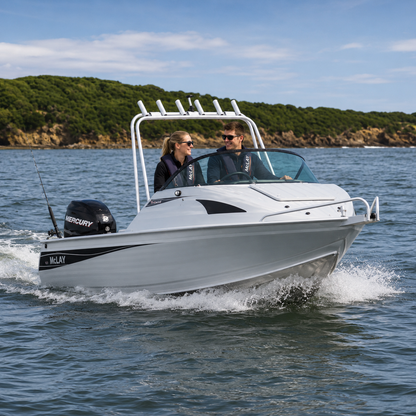 Family enjoying a day on the water aboard a McLay Sportsman 591 aluminium fishing boat.