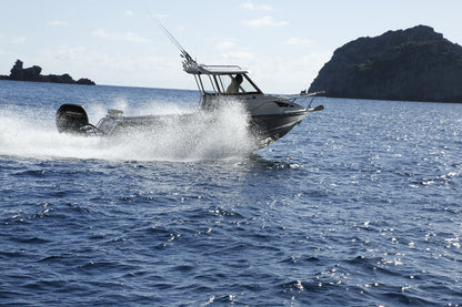 McLay 651 Sportsman alloy boat on trailer, featuring hard top and Yamaha outboard at Warren Hay Marine. Whangarei