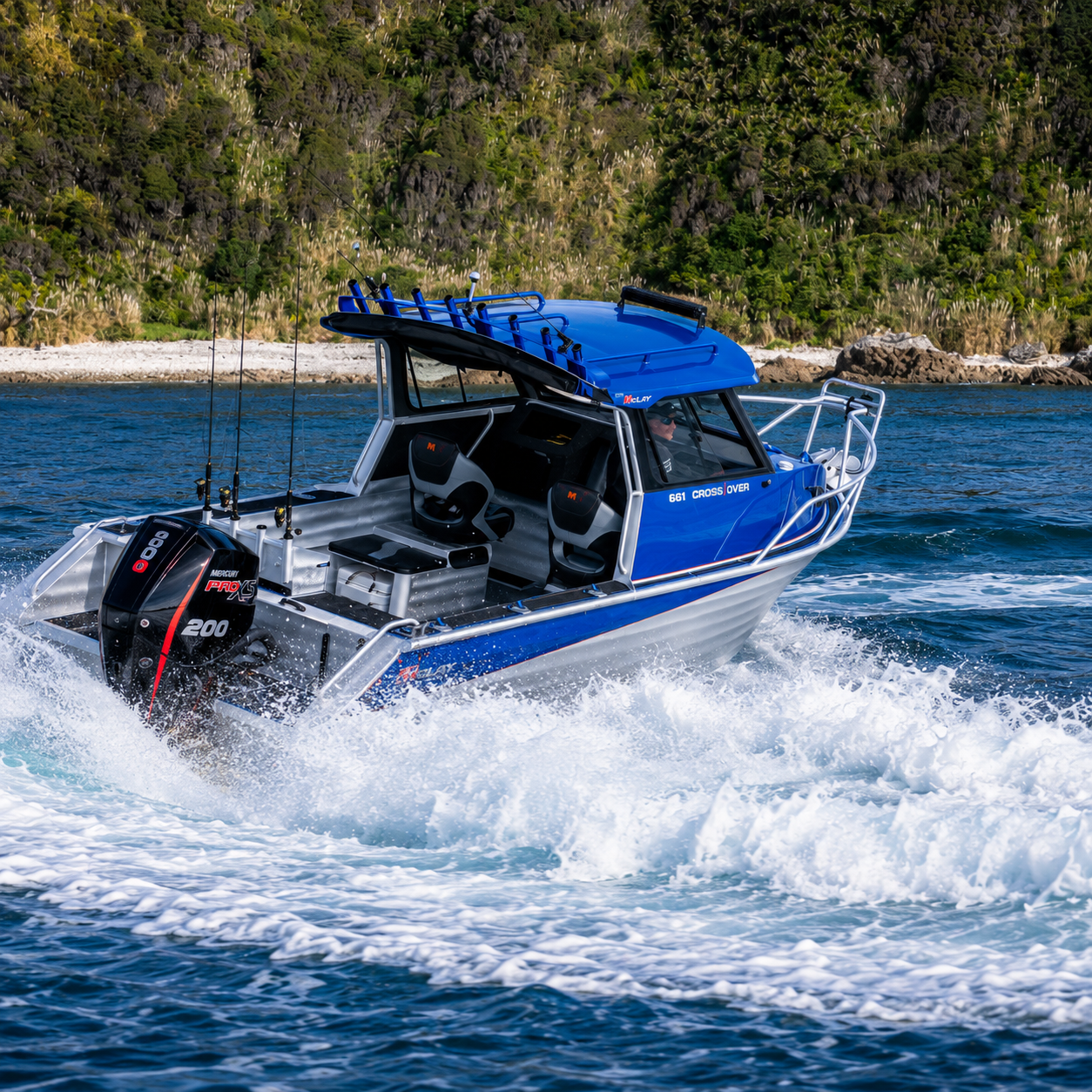 Mclay 661 Crossover, Mercury Pro XS 200 hp outboard. Warren Hay Marine, Whangarei 