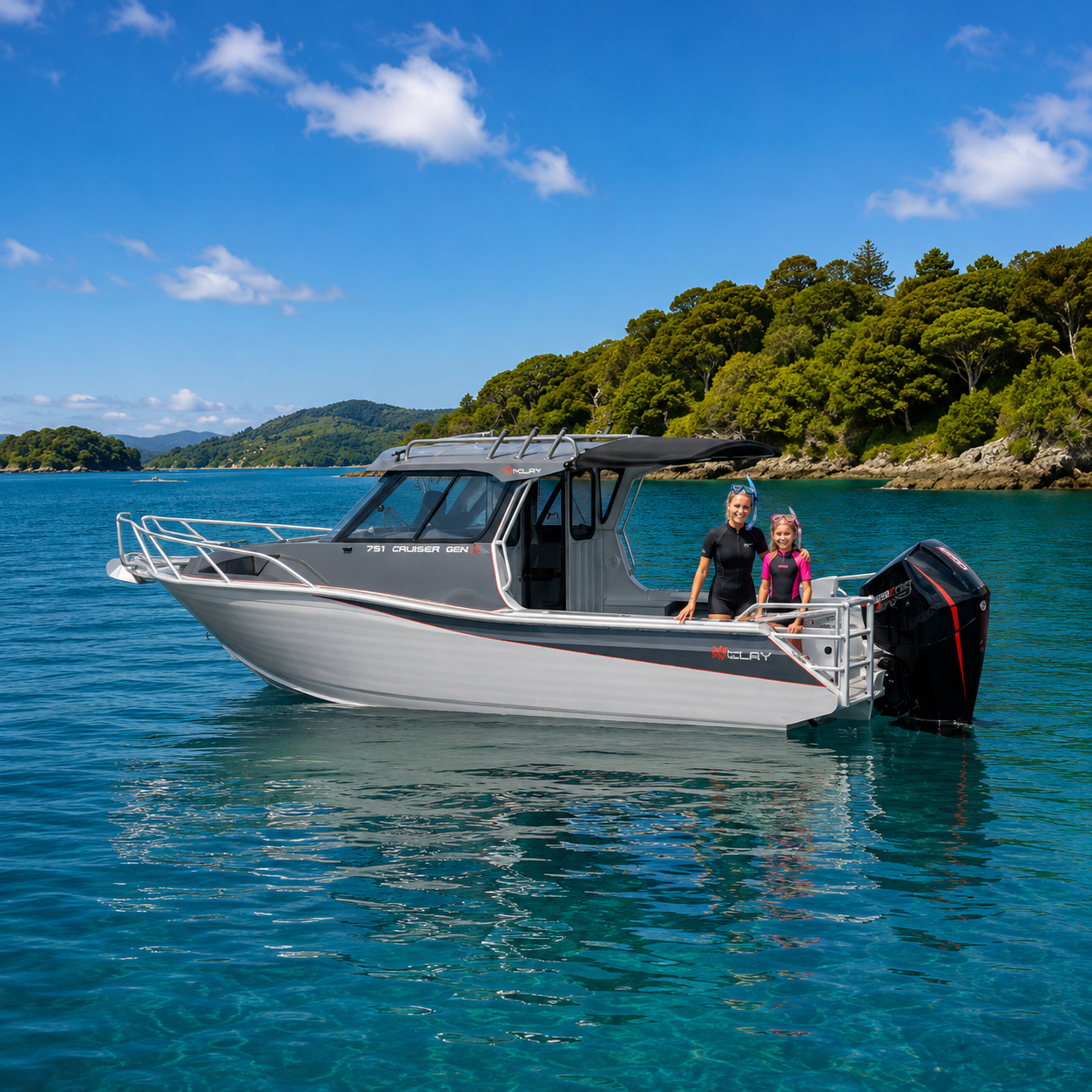 McLay 751 Gen2 Hardtop anchored in crystal-clear water with family preparing snorkelling gear from the spacious rear cockpit