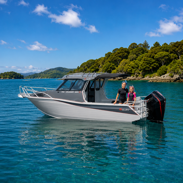 McLay 751 Gen2 Hardtop anchored in crystal-clear water with family preparing snorkelling gear from the spacious rear cockpit