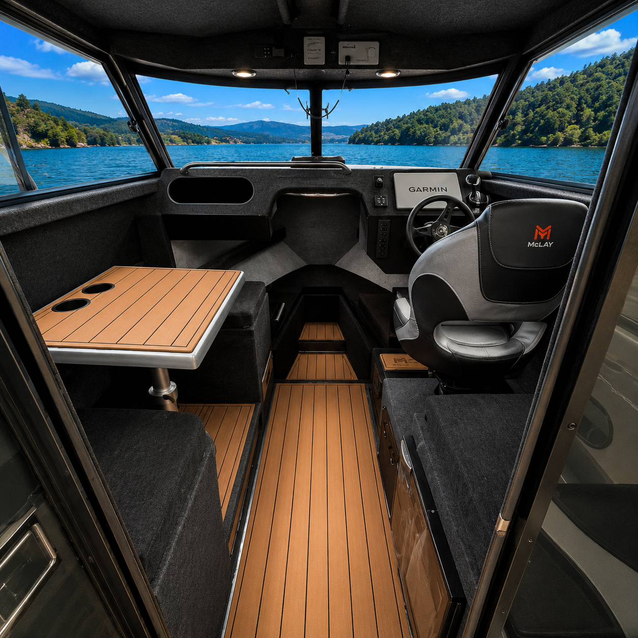 Comfortable dinette seating inside the McLay 801 Gen2 Hardtop, Warren Hay Marine, Whangarei 