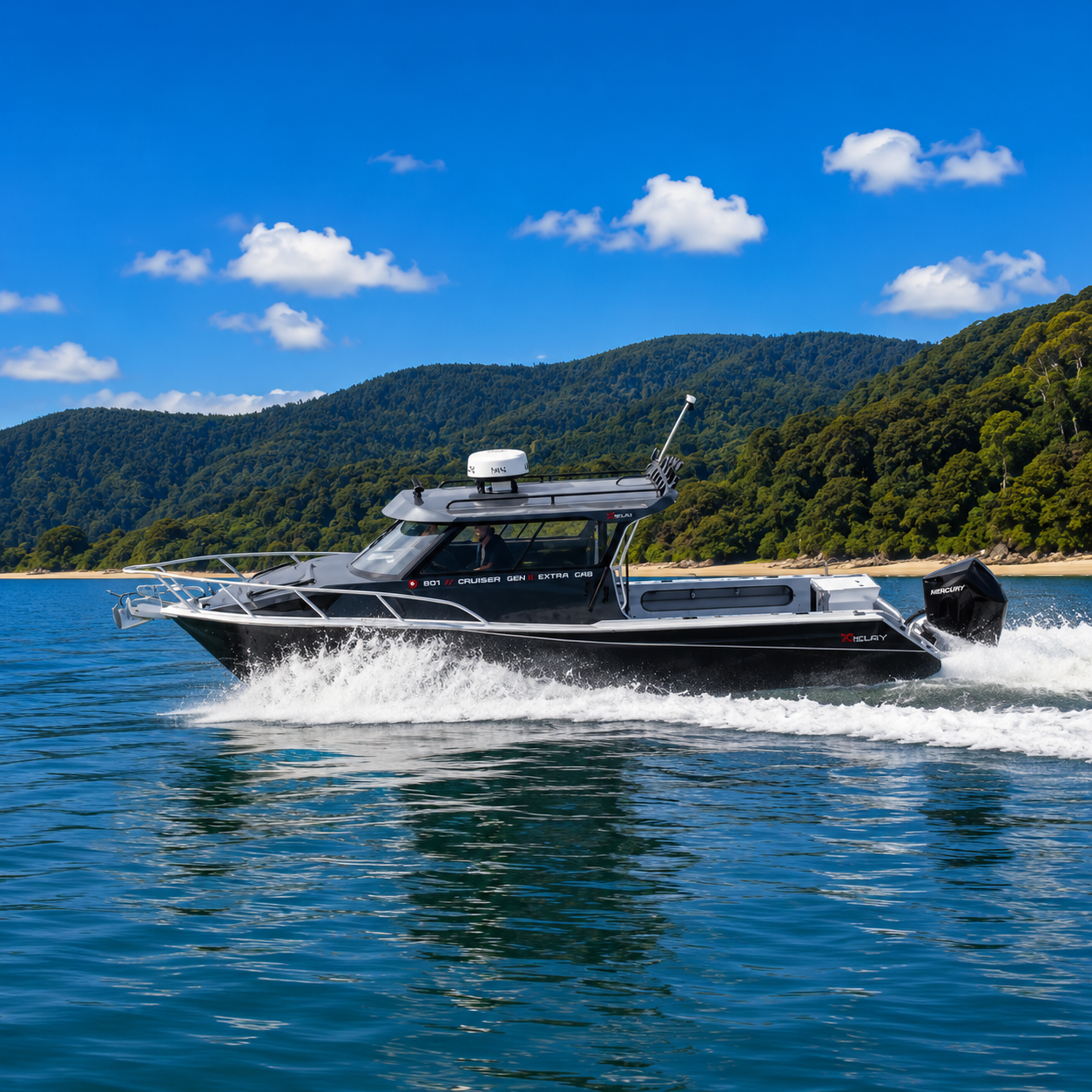 McLay 801 Gen2 Hardtop offshore fishing boat at speed, Warren Hay Marine, Whangarei
