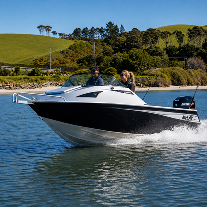 McLay Sportsman 591 underway showcasing offshore performance, stability, and New Zealand-built aluminium construction.