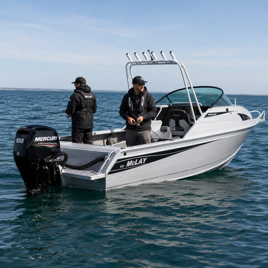 McLay Sportsman 591 aluminium fishing boat powered by a Mercury outboard and available from Warren Hay Marine.
