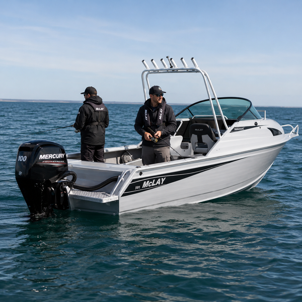 McLay Sportsman 591 aluminium fishing boat powered by a Mercury outboard and available from Warren Hay Marine.