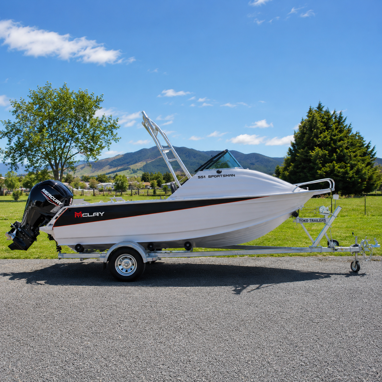 McLay 551 Sportsman aluminium fishing boat with Mercury outboard on trailer at Warren Hay Marine.