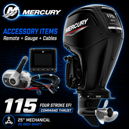 Mercury 115hp FourStroke EFI Command Thrust outboard motor package with 25-inch shaft, mechanical remote control, SmartCraft gauge and rigging cables. Ideal for pontoon boats, workboats, fishing boats and heavy-load recreational applications.