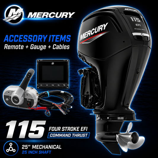 Mercury 115hp FourStroke EFI Command Thrust outboard motor package with 25-inch shaft, mechanical remote control, SmartCraft gauge and rigging cables. Ideal for pontoon boats, workboats, fishing boats and heavy-load recreational applications.