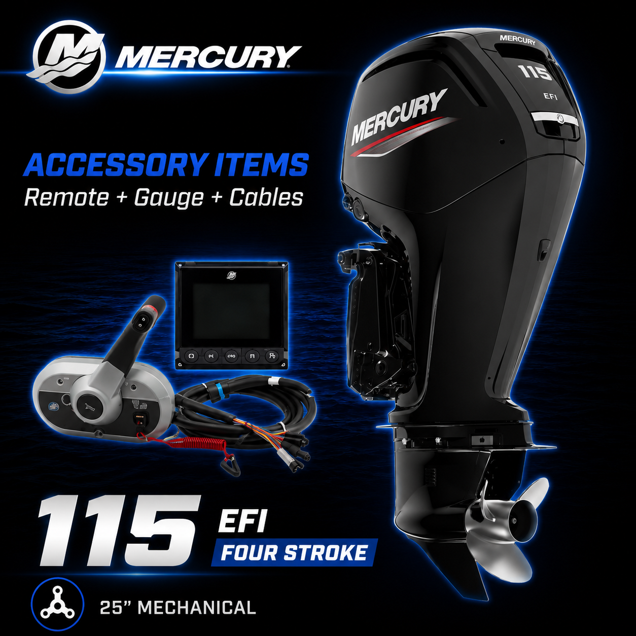 Mercury 115hp EFI FourStroke outboard motor package with 25-inch shaft, mechanical remote control, SmartCraft gauge and rigging cables, ideal for fishing boats, pontoon boats and recreational trailer boats. Warren Hay Marine