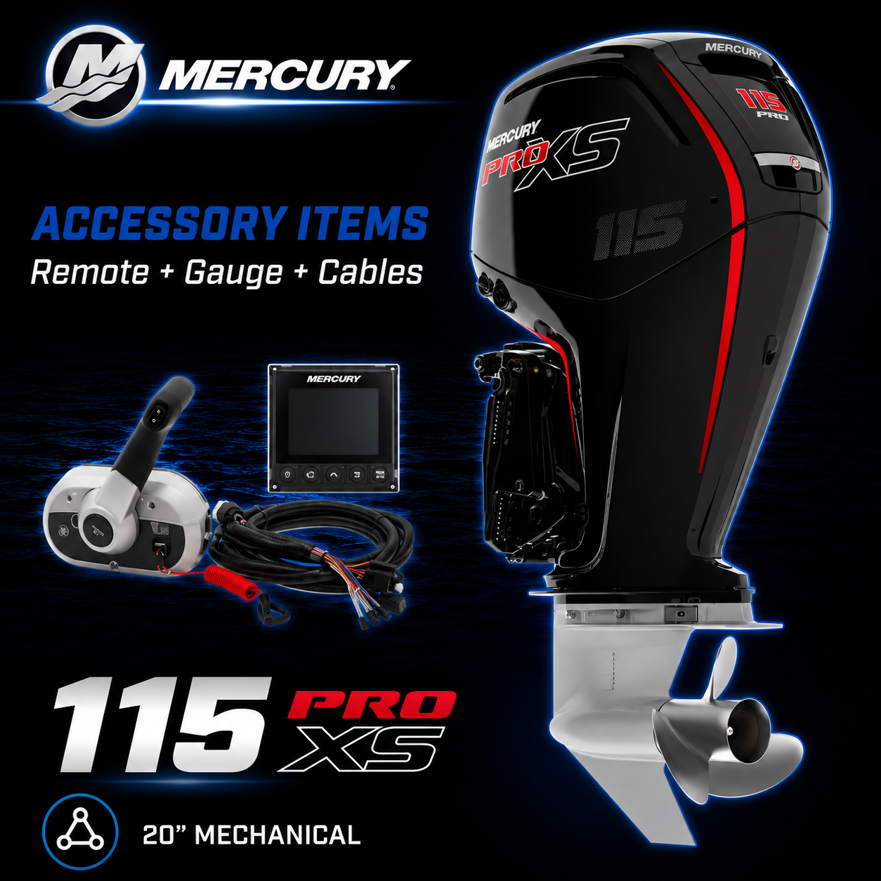 Mercury 115hp Pro XS FourStroke outboard motor package with 20-inch shaft, mechanical remote control, SmartCraft display gauge and rigging cables. Featuring Mercury Pro XS performance styling with red accents for high-performance fishing and tournament boats.