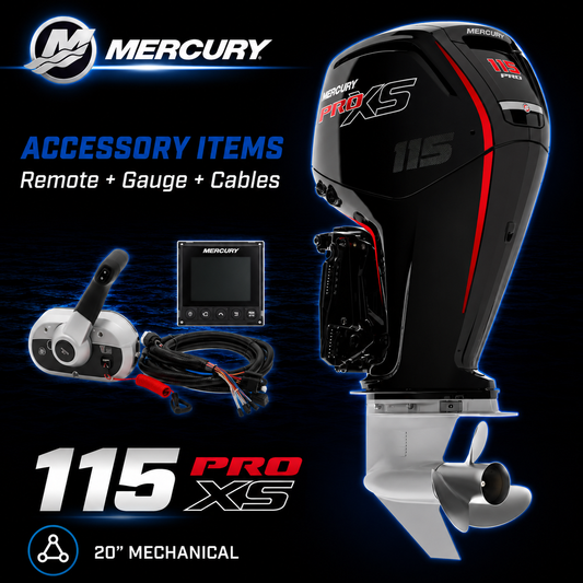 Mercury 115hp Pro XS FourStroke outboard motor package with 20-inch shaft, mechanical remote control, SmartCraft display gauge and rigging cables. Featuring Mercury Pro XS performance styling with red accents for high-performance fishing and tournament boats.