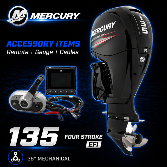 **Alt Text:**

Mercury 135hp FourStroke EFI outboard motor package featuring mechanical remote control, SmartCraft gauge and rigging cables. 25-inch shaft model, suitable for trailer boats, fishing boats and family recreational boating applications. Warren Hay Marine

