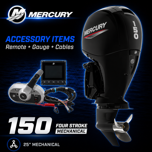 Mercury 150hp FourStroke outboard motor package with 25-inch shaft, mechanical control, SmartCraft gauge and rigging cables. Designed for recreational, offshore fishing and family boating applications. Warren Hay Marine, Whangarei