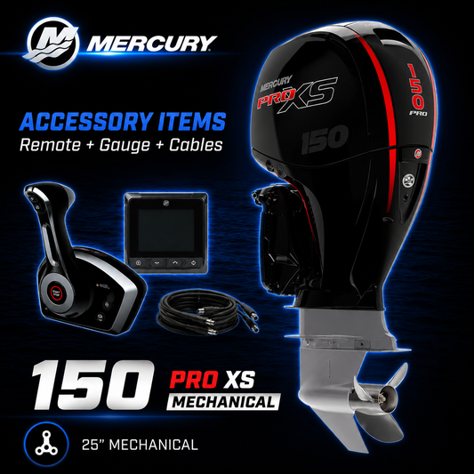 Mercury 150hp Pro XS outboard motor package featuring mechanical remote control, SmartCraft gauge and rigging cables. 25-inch shaft Pro XS model, designed for high-performance fishing and recreational boats.