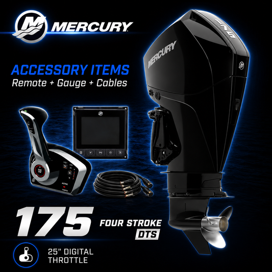 Mercury 175hp FourStroke DTS outboard motor package featuring digital throttle and shift (DTS) remote control, SmartCraft gauge and rigging cables. 25-inch shaft model suitable for offshore fishing and recreational boating applications.