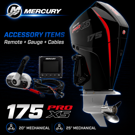 Mercury 175hp Pro XS FourStroke outboard motor package with SmartCraft display gauge, mechanical remote control and rigging cables. Featuring Mercury Pro XS performance styling with red accents and available in 20-inch and 25-inch shaft lengths, Warren Hay Marine.