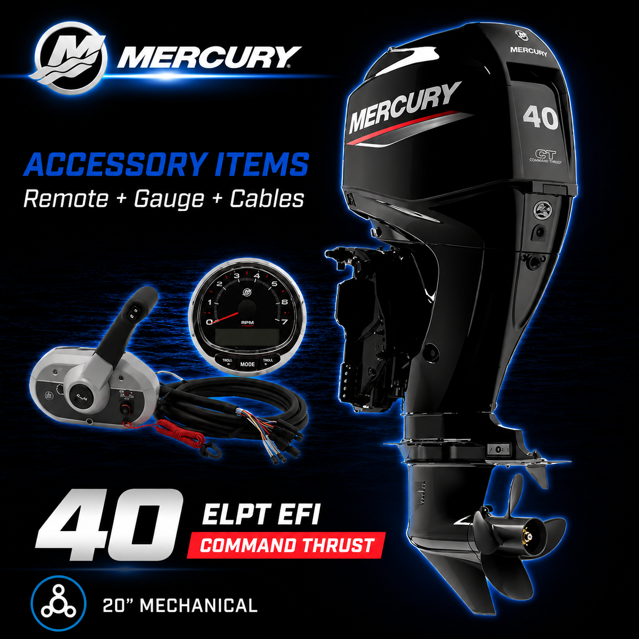 Mercury 40hp ELPT EFI Command Thrust FourStroke outboard motor package with 20-inch shaft, mechanical remote control, SmartCraft tachometer gauge and rigging cables. Ideal for aluminium fishing boats, pontoons, workboats and recreational trailer boats requiring enhanced thrust and control. Warren Hay Marine