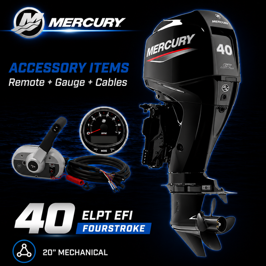 Mercury 40hp ELPT EFI FourStroke outboard motor package with 20-inch shaft, mechanical remote control, SmartCraft tachometer gauge and rigging cables. Ideal for aluminium fishing boats, inflatables, small runabouts and recreational trailer boats. Warren Hay Marine