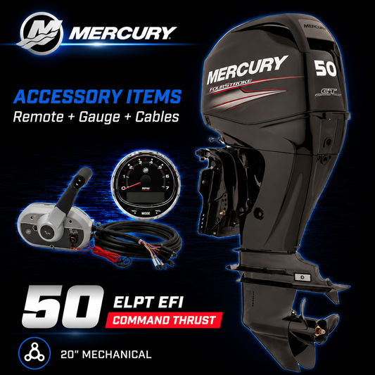Mercury 50hp ELPT EFI Command Thrust FourStroke outboard motor package with 20-inch shaft, mechanical remote control, SmartCraft tachometer gauge and rigging cables. Ideal for aluminium fishing boats, pontoon boats, workboats and recreational trailer boats requiring enhanced low-speed thrust.