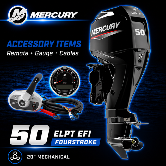 Mercury 50hp ELPT EFI FourStroke outboard motor package with 20-inch shaft, mechanical remote control, SmartCraft tachometer gauge and rigging cables. Ideal for aluminium fishing boats, inflatables, runabouts and recreational trailer boats. Warren Hay Marine