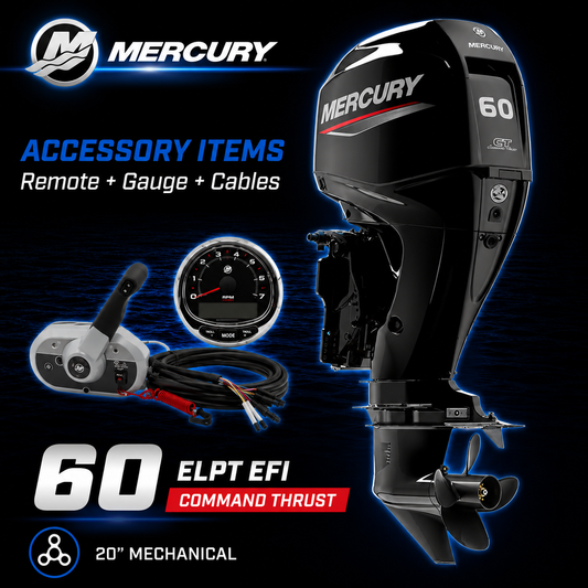 Mercury 60hp ELPT EFI Command Thrust FourStroke outboard motor package with 20-inch shaft, mechanical remote control, SmartCraft tachometer gauge and rigging cables. Designed for aluminium fishing boats, pontoons, workboats and heavy-load recreational applications.