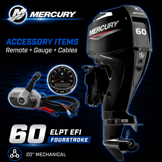 Mercury 60hp ELPT EFI FourStroke outboard motor package with 20-inch shaft, mechanical remote control, SmartCraft tachometer gauge and rigging cables. Ideal for aluminium fishing boats, runabouts, inflatables and recreational trailer boats. Warren Hay Marine