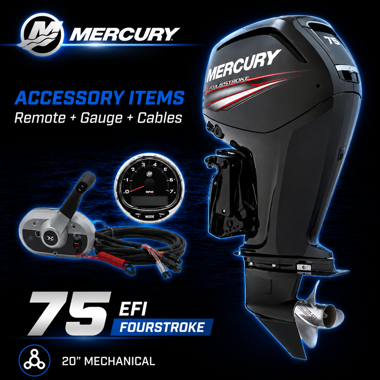 Mercury 75hp EFI FourStroke outboard motor package with 20-inch shaft, mechanical remote control, SmartCraft tachometer gauge and rigging cables. Ideal for aluminium fishing boats, runabouts and recreational trailer boats.