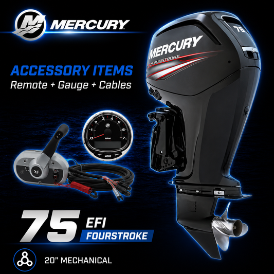 Mercury 75hp EFI FourStroke outboard motor package with 20-inch shaft, mechanical remote control, SmartCraft tachometer gauge and rigging cables. Ideal for aluminium fishing boats, runabouts and recreational trailer boats.