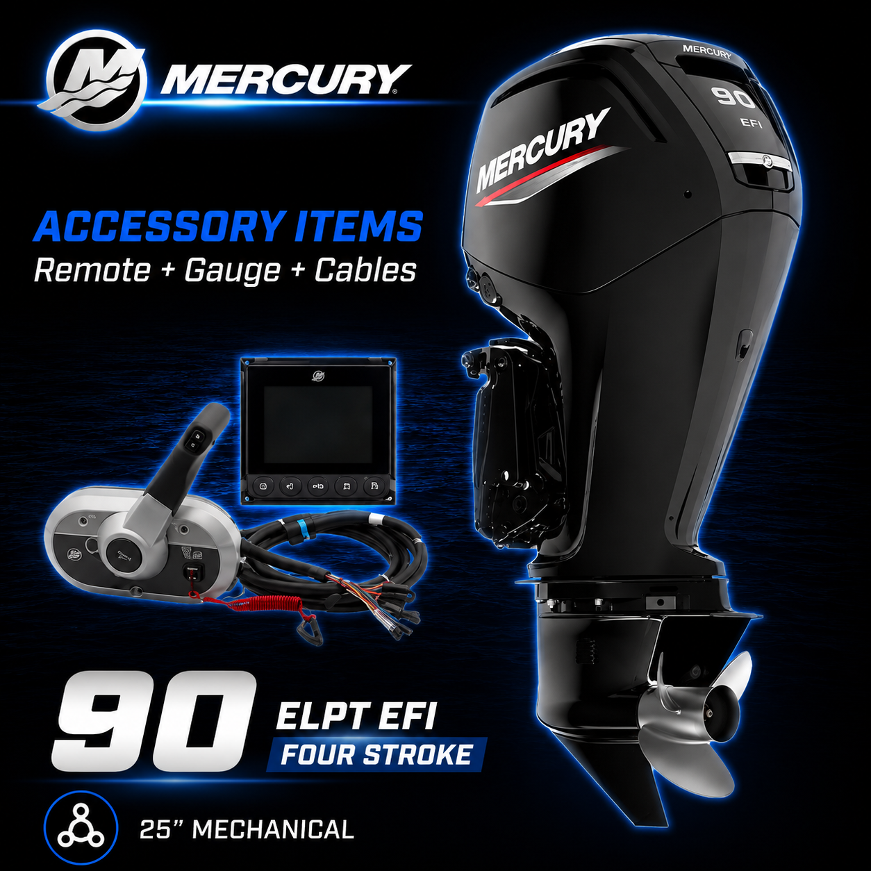 Mercury 90hp ELPT EFI FourStroke outboard motor package with 25-inch shaft, mechanical remote control, SmartCraft gauge and rigging cables. Ideal for aluminium fishing boats, runabouts, pontoon boats and recreational trailer boats.
