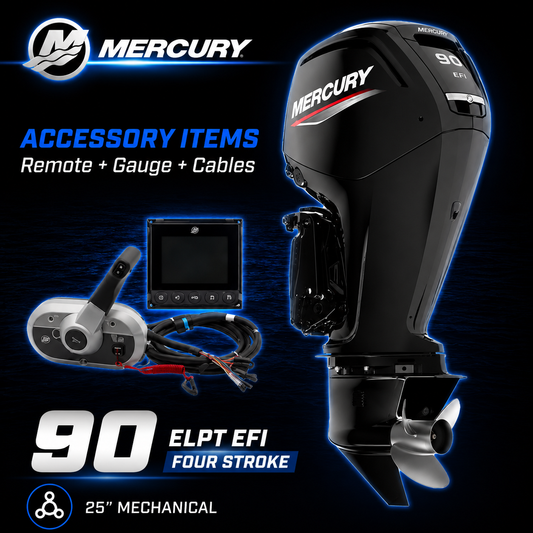 Mercury 90hp ELPT EFI FourStroke outboard motor package with 25-inch shaft, mechanical remote control, SmartCraft gauge and rigging cables. Ideal for aluminium fishing boats, runabouts, pontoon boats and recreational trailer boats.
