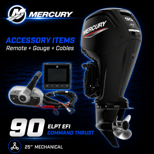 Mercury 90hp ELPT EFI Command Thrust outboard motor package with 25-inch shaft, mechanical remote control, SmartCraft gauge and rigging cables. Ideal for pontoons, workboats, aluminium fishing boats and heavy-load recreational applications. Warren Hay Marine