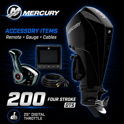 Mercury 200 FourStroke DTS outboard motor with digital throttle remote control, gauge and cables