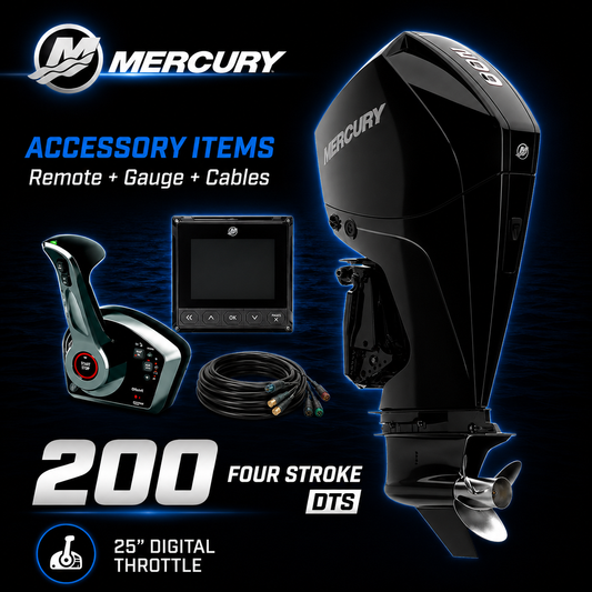 Mercury 200 FourStroke DTS outboard motor with digital throttle remote control, gauge and cables