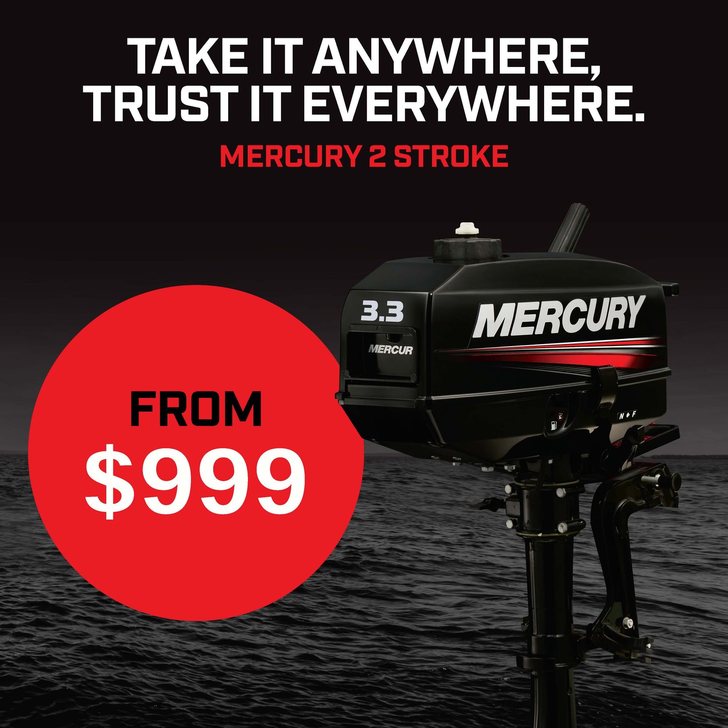 Mercury 3.3hp 2 stroke outboard promotion, $999 at Warren Hay Marine, Whangarei. 