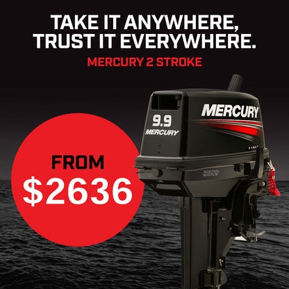 Mercury 9.9hp 2 stroke outboard promotion, $2636 at Warren Hay Marine, Whangarei. 
