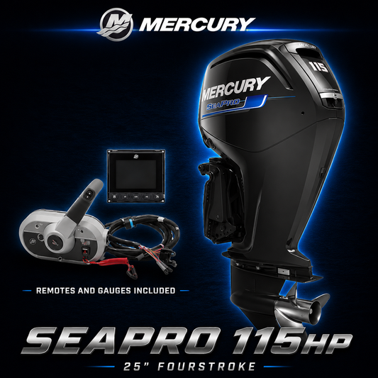 Mercury SeaPro 115hp outboard motor with remote control, digital gauge and cables included, 25 inch FourStroke, commercial marine engine display